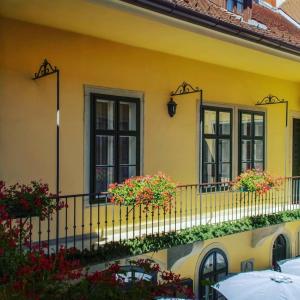 索普隆乌尔纳酒店的阳台黄色房子,鲜花盛开