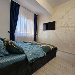 拉姆尼库沃尔恰Apartament Dem Rădulescu langa strand的一间卧室配有一张床,墙上配有电视