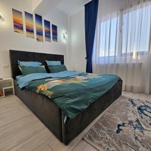 拉姆尼库沃尔恰Apartament Dem Rădulescu langa strand的一间卧室配有一张带蓝色棉被的大床