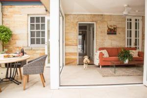 悉尼Balmain Sandstone Cottage的客厅配有红色沙发和狗