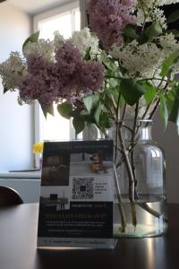 里加Aparthotel Amella的花瓶旁边的桌子上坐着一本书