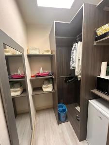 尼姆Chambre spacieuse dressing WC et SDB communes的步入式衣柜,配有棕色的墙壁和书架