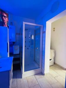 Appartamento a Udine con doccia idromassaggio的带淋浴的浴室和蓝色天花板