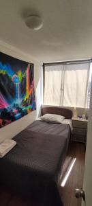 圣地亚哥Departamento Parque O'Higgins的卧室配有一张床,墙上挂有绘画作品