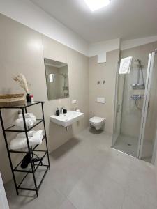 格拉茨Grazora Living Apartments的一间带水槽、淋浴和卫生间的浴室