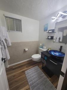 福克斯Misty Valley Inn的浴室配有蓝色水槽和卫生间。