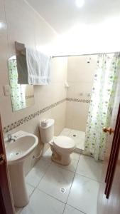 普诺HOSTAL ACUARIUS PUNO的白色的浴室设有卫生间和水槽。