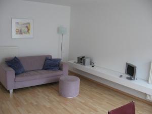 布鲁日布鲁日庞德艾特设计公寓的带沙发和电视的客厅