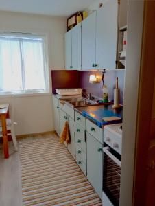 KongsfjordKongsfjord Holiday Home的厨房配有白色橱柜、水槽和窗户。