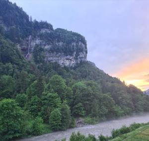 穆奥塔塔尔Muota River & Industry Apartment In Nature的享有山脉、河流和树木的景色