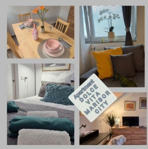 马里博尔Apartment Dolce Vita Maribor的一张床位和一张桌子的房间的照片拼在一起