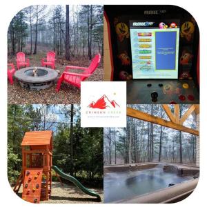 布罗肯鲍Crimson Creek Cabin - Ideal for Friends or 1- 2 Families, Play set, Hot Tub的公园图画拼合在一起,公园里有一个游乐场