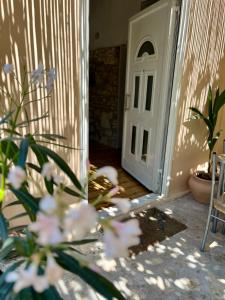 ChóraHoliday Oasis with private patio and Hammam-style bath in Chora-Pithagoreo, Samos Island的通往前方鲜花盛开的房间的门