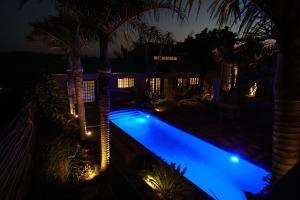拉莫西Villa La Mercy Chalet No load shedding or water outages的棕榈树的游泳池在晚上点亮