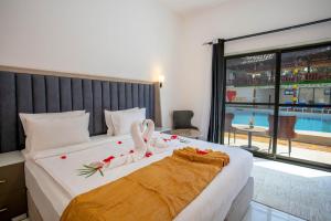 南威Canary Hotel & SPA的一间卧室设有一张大床,享有游泳池的景色