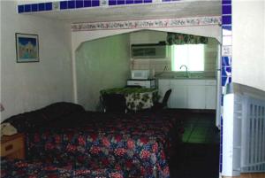 哈瓦苏湖城哈法苏旅馆&套房酒店的一间卧室配有一张床,厨房配有水槽