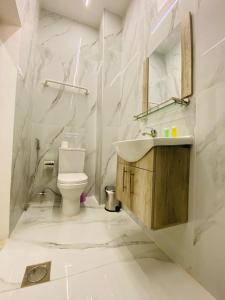 安曼扎曼雅扎曼精品酒店的白色的浴室设有卫生间和水槽。