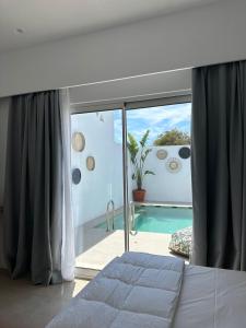 普拉迪斯亚罗斯Mykonos Drops的一间带大窗户的卧室和一个游泳池