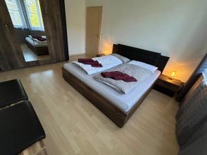 开姆尼茨Ruhige Maisonettewohnung auf dem Kaßberg的一间卧室配有一张带两个枕头的床