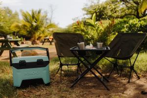 卡胡卢伊Roadtrip Camping on Maui的两把椅子和一张桌子,旁边是冷却器
