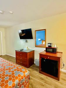 汉普顿Hampton Motor Inn的一间卧室配有一张床、镜子和电视