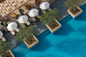 迪拜Kempinski Central Avenue Dubai的享有带椅子和遮阳伞的游泳池的上方景致