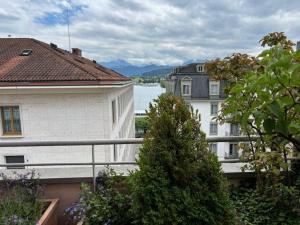 卢塞恩鲁泽纳霍夫酒店的从两栋建筑和湖泊的阳台上可欣赏到风景
