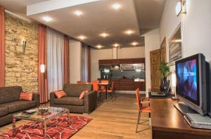 布拉格里布纳公寓酒店的带沙发和电视的客厅以及厨房。