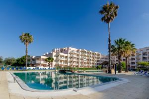 波尔蒂芒TURIM Estrela do Vau Hotel的棕榈树酒店前的游泳池