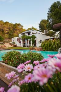 伊维萨镇Lilita House的一座带游泳池和一些粉红色鲜花的房子