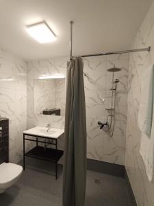 克拉科夫Aparthotel Kontrast的带淋浴、卫生间和盥洗盆的浴室