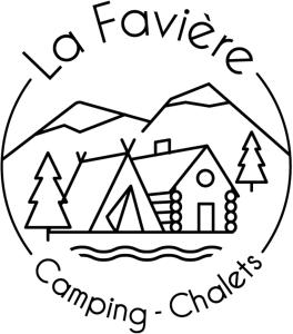 Lac des Rouges TruitesCamping-Chalets La Favière的露营标志画,带有房子和山脉