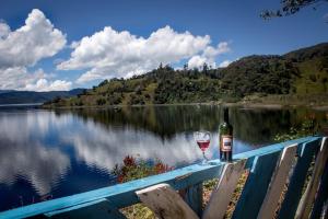 帕斯托Habitaciòn Floraciòn con vista a la Laguna的一瓶葡萄酒和一杯玻璃坐在湖边的长凳上