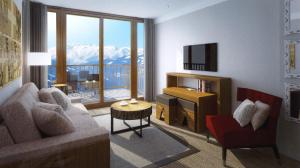 阿克1800Appart'Hotel Prestige Odalys Eden的带沙发和电视的客厅以及山脉
