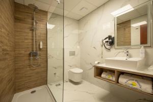 克拉多沃阿夸斯塔多瑙河酒店的带淋浴、卫生间和盥洗盆的浴室