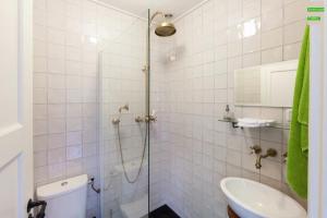 皮滕森林小屋度假屋的带淋浴、卫生间和盥洗盆的浴室