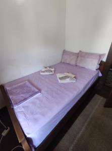 大特尔诺沃Mercury Guest House的一张位于带紫色床单和枕头的客房的床铺
