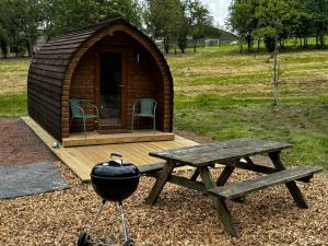 Hesket NewmarketHowbeck Lodge的小木屋配有野餐桌和烧烤架