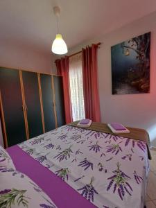 亚历山德鲁波利斯PineParkView Apartment的卧室配有带白色和紫色棉被的床