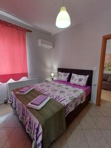 亚历山德鲁波利斯PineParkView Apartment的一间卧室配有一张带紫色床单的大床
