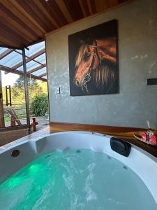 圣安东尼奥-杜皮尼亚尔Refúgio Horse的浴缸,墙上挂着一匹马画