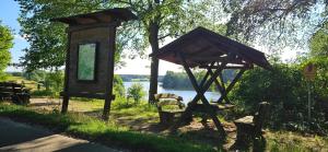 CarpinTipi Jurte Camping in der Mecklenburgischen Seenplatte inklusive Strom - Dixi-WC!!的小型木结构,有椅子和一棵树