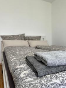 斯图加特Double Bed Apartment - Near Marienplatz的床上有毯子和枕头