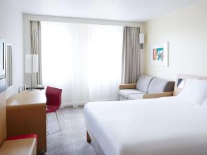 莱斯卡尔波城比利牛斯诺富特酒店的配有一张床和一张书桌的酒店客房