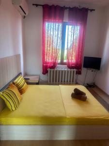 普罗夫迪夫ТРАКАРТ-ПАРК的一间卧室设有一张大黄床和窗户