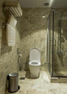 马斯喀特City Park Hotel Apartments的一间带卫生间和玻璃淋浴间的浴室