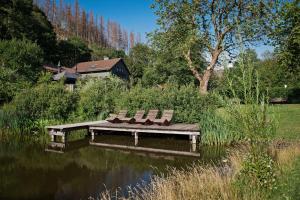 奥斯特罗德Green Tiny Village Harz - Tiny House Nature 13的两个长椅坐在桥上,在池塘上