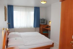 莱因费尔登-埃希特尔丁根太阳酒店的一间小卧室,配有一张床和电视