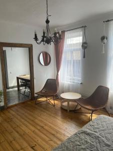 文茨皮尔斯Viesu nams Stella的一间卧室配有镜子、两把椅子和一张桌子