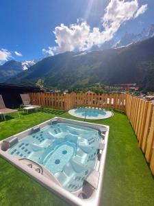 夏蒙尼-勃朗峰瑞士公园温泉酒店的山地草坪上的热水浴池